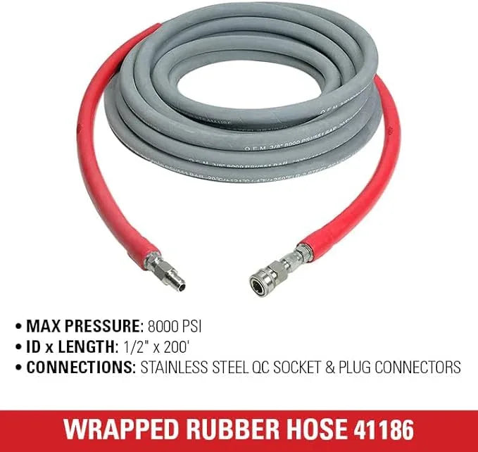 Simpson Cleaning 41186 Wrapped Rubber 8000 PSI Pressure Washer Hose, Hot and Cold-Water Use, Industrial Strength, 3/8 Inch Inner Diameter, 200 Feet, Gray - NeatNest