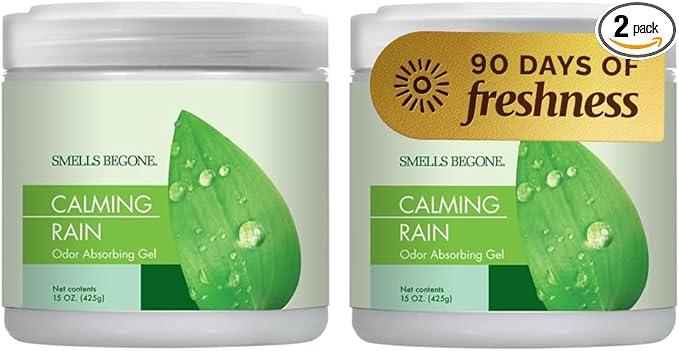 SMELLS BEGONE 15oz Gel Odor Eliminator - Absorb & Remove Tough Odors in Pet Areas, Bathrooms, Basements, Garage, Cars, RVs & Boats - Eliminate Odors with Essential Oils (Calming Rain, 2-Pack) - NeatNest