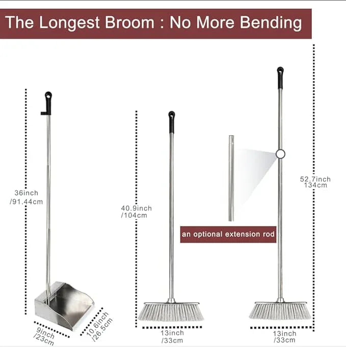 Metal Dustpan with Broom Set, Long Handle Stainless Steel Dustpan,Heavy Duty Standing Dust Pan with Teeth, Indoor Outdoor Up for Home Kitchen Lobby Room Office - NeatNest
