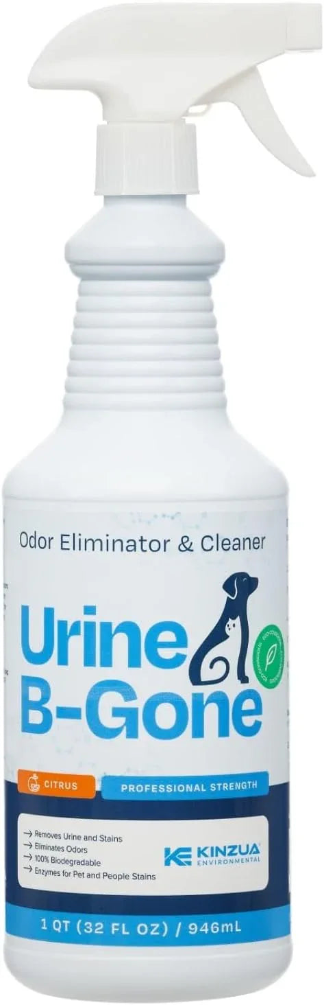 KINZUA ENVIRONMENTAL Urine B-Gone, Professional Enzyme Odor Eliminator & Pet Stain Remover, Human, Cat & Dog Urine Cleaner, Effective on Laundry, Carpets & More, Citrus Scent, 32oz - NeatNest