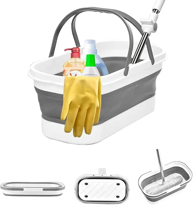 Collapsible Mop Bucket Basin Tub with Handle and Wheels, 12L (3.2 Gallon) Foldable Small Plastic Container for Household Cleaning, Car Washing, Portable Basket Bin Tool for Storage Organizer, Grey - NeatNest