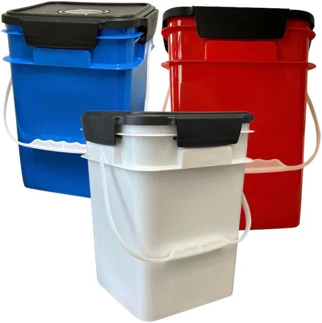 House Naturals 4 Gallon Square Food Grade Bucket Pail with Plastic Handles and Lid (Pack of 3) Made in USA containers (Blue/Red/White) - NeatNest