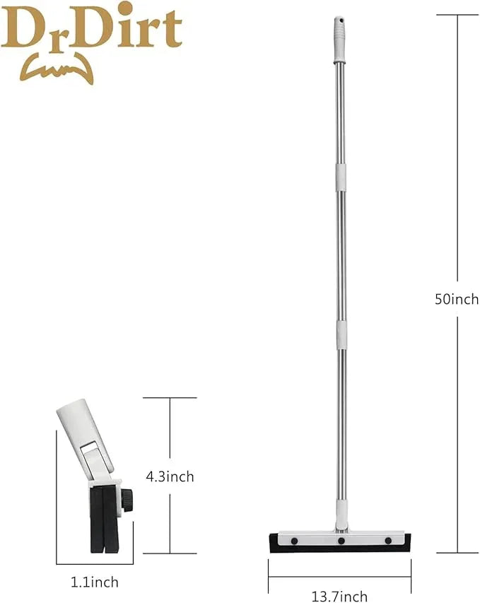 DrDirt Floor Squeegee, 14-Inch Swivel Squeegee Head, Replaceable Foam Rubber Blade, 3-Section Stainless Steel Pole, for Bathroom, Kitchen, Pet Hair, and Carpet - NeatNest