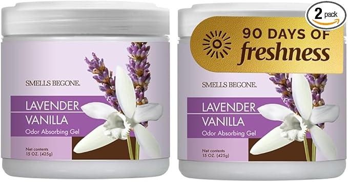 SMELLS BEGONE 15oz Gel Odor Eliminator - Absorb & Remove Tough Odors in Pet Areas, Bathrooms, Basements, Garage, Cars, RVs & Boats - Eliminate Odors with Essential Oils (Lavender Vanilla, 2-Pack) - NeatNest
