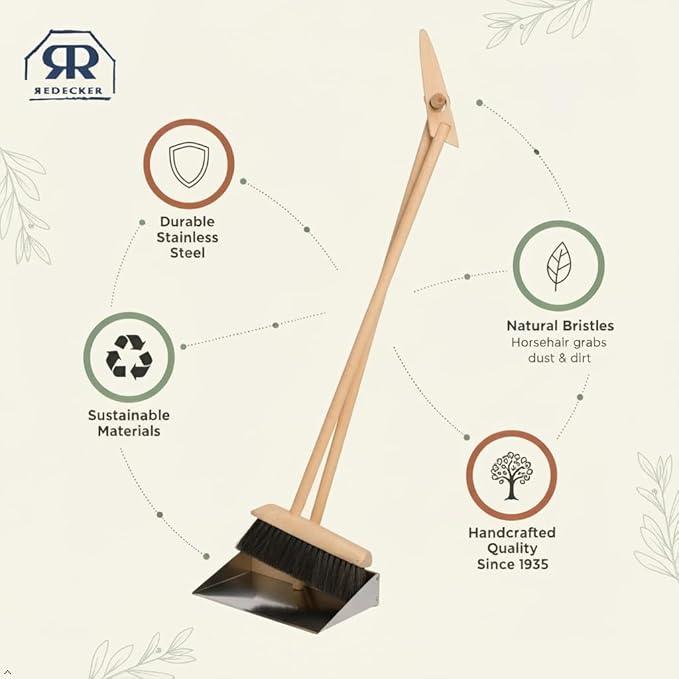 REDECKER Horsehair Broom & Stainless Steel Dust Pan Set - Oiled Beechwood Handles, 35-3/8 Inch - Broom & Dustpan Combo for Home, Kitchen, Outdoor Use - Wooden Broom and Dustpan Set, Made in Germany - NeatNest