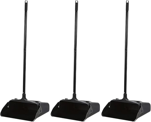 Primero Basics 3-Pack Commercial Upright Dust Pan with Long Handle and Wheels – Heavy Duty Large Dust Pans for Indoor/Outdoor Use, Janitorial or House Cleaning Tools, Black Standing Dustpan