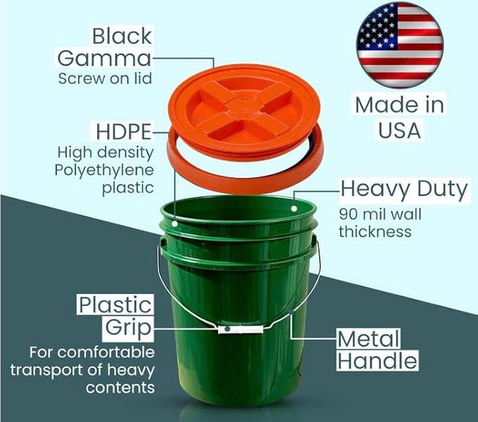 House Naturals 5 Gallon Dark Green Food Grade Bucket Pail with Orange Screw on Gamma lid(Pack of 2) Made in USA - NeatNest