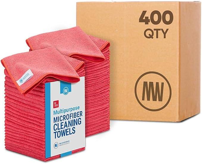 Bulk 12” X 12” All Purpose Microfiber Towels Wholesale - Case Quantity (400 Count) | No Fraying | High Density Microfiber | Zero Chemical Cleaner | Long-Lasting (Red) - NeatNest
