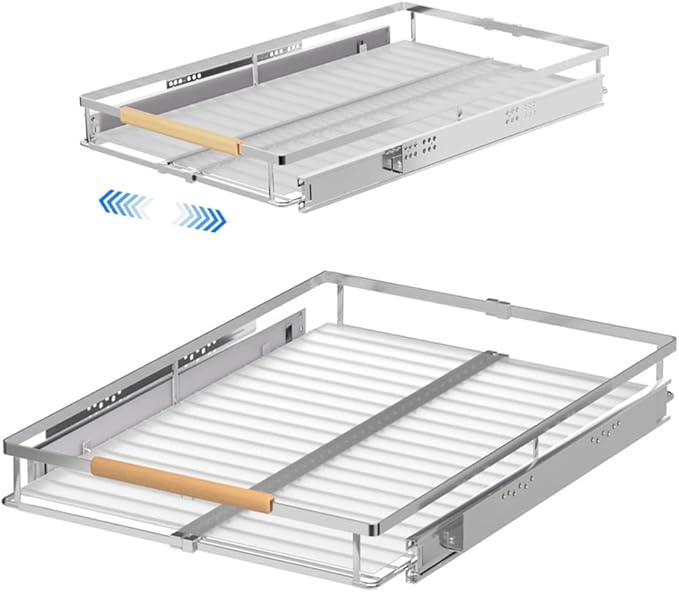 Pull Out Cabinet Drawer Organizer, Heavy Duty Slide Out Pantry Shelves Sliding Drawer Storage for Bathroom, Home, Kitchen, 2 Pack Chrome 22''Deep - NeatNest