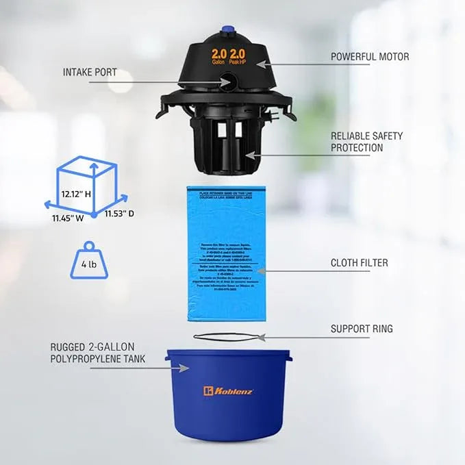 Koblenz WD-2L Portable Wet Dry Vacuum, 2-Gallon 2 PHP Suction Plus Blower Vacuum Cleaner for Liquids, Dust, Pet Hairs, 10' Reach, Ideal for Home, Car, Garage, Shop, Accessories Included, Blue/Black - NeatNest