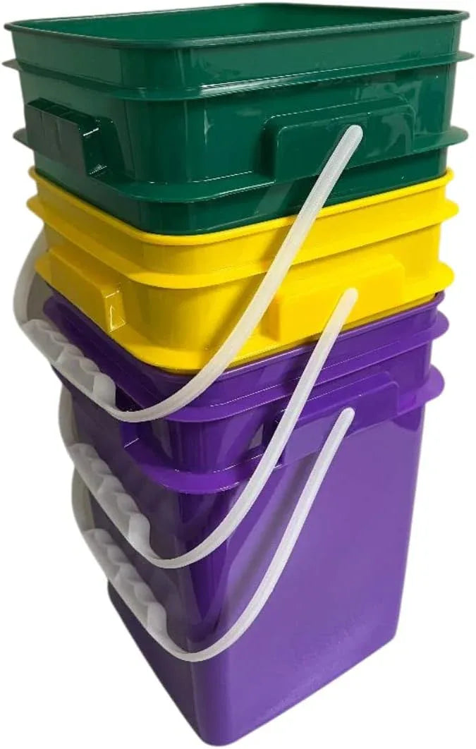 House Naturals 4 Gallon Square Food Grade Bucket Pail with Plastic Handles and Lid (Pack of 3) Made in USA containers (Yellow/Purple/Dark Green) - NeatNest