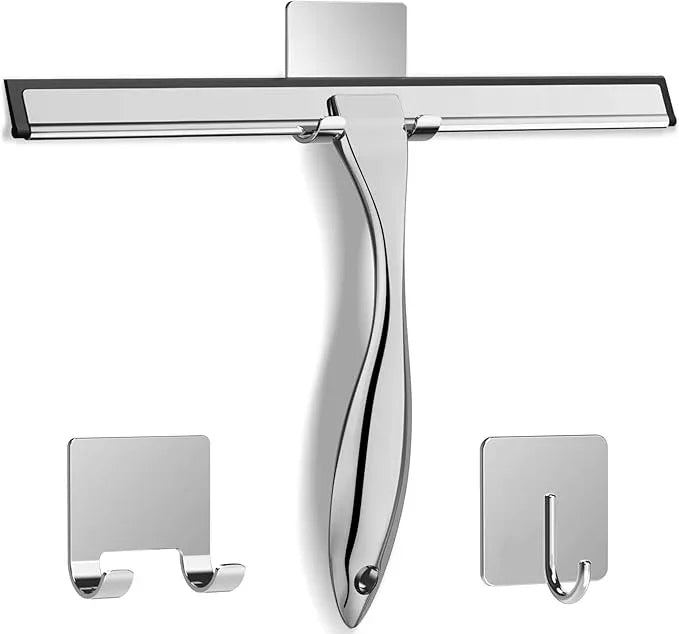 All-Purpose Stainless Steel Shower Squeegee for Shower Doors with 2 Adhesive Hooks, Bathroom Cleaner Tool Household Window Mirror Squeegee for Home Cleaning, Glass Door, Tile Wall, Car, 12 Inch Silver - NeatNest