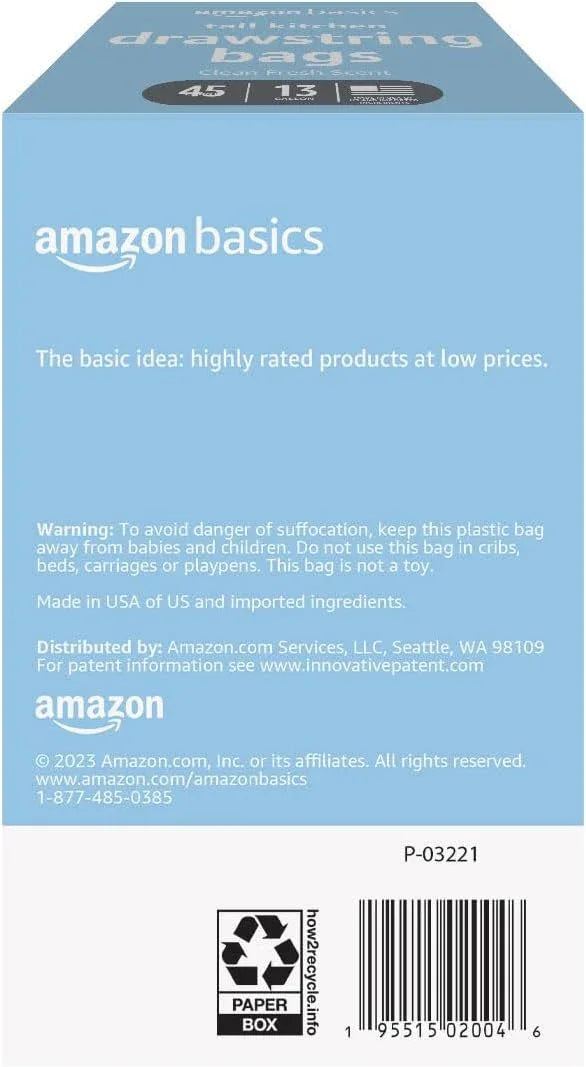 Amazon Basics Tall Kitchen Drawstring Trash Bags, Clean Fresh Scent, 13 Gallon, 45 Count (Previously Solimo) - NeatNest