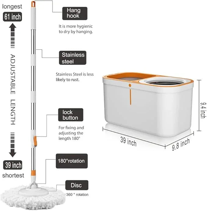 Floor Spin Mop and Bucket Set with Wringer System Extended Stainless Steel Handle 61＂for Home Floor Cleaning Use with 5 Replacement Head Refill and 1 Cleaning Brush Head - NeatNest