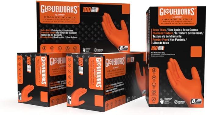 GLOVEWORKS HD Orange Nitrile Disposable Gloves 8 Mil Raised Diamond Texture, 100 - NeatNest