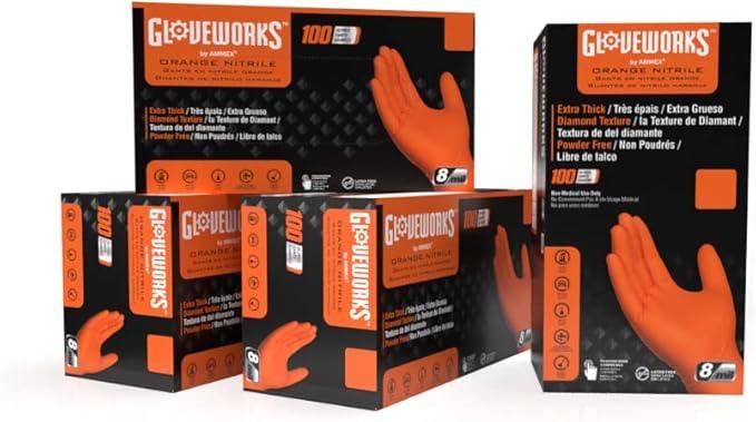 GLOVEWORKS HD Orange Nitrile Disposable Gloves 8 Mil Raised Diamond Texture, 100 - NeatNest