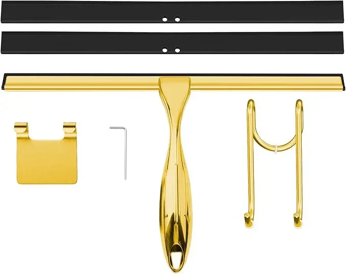 TOOVEM 12 Inch Shower Squeegee for Glass Doors, Window, Bathroom, Car Windshield, Shower Cleaning Tools with S Hook, Square Sticky Hook（Gold） - NeatNest