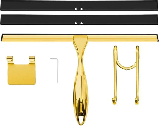 TOOVEM 12 Inch Shower Squeegee for Glass Doors, Window, Bathroom, Car Windshield, Shower Cleaning Tools with S Hook, Square Sticky Hook（Gold） - NeatNest