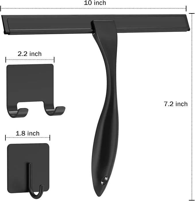 All-Purpose Stainless Steel Shower Squeegee for Shower Doors with 2 Adhesive Hooks, Bathroom Cleaner Tool Household Window Mirror Squeegee for Home Cleaning, Glass Door, Tile Wall, Car, 10 Inch Black - NeatNest