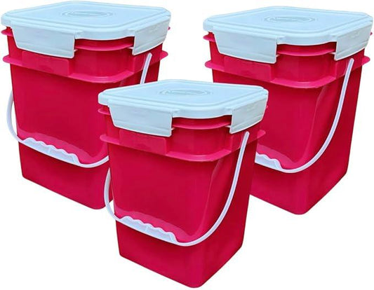 House Naturals 4 Gallon Square Food Grade Bucket Pail with Plastic Handles and Lid (Pack of 3) Made in USA containers (Magenta - White lids) - NeatNest