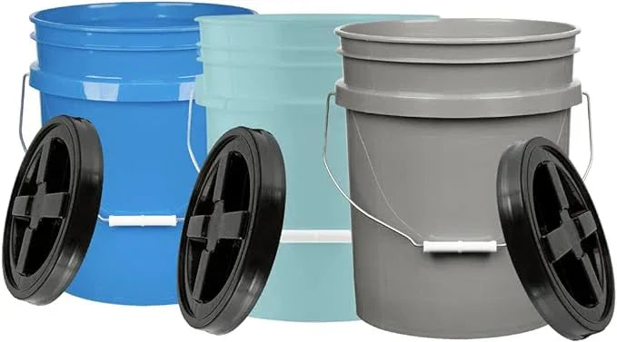 House Naturals 5 Gallon Food Grade Bucket Pail with Airtight Screw on Lid (Pack of 3) BPA Free Made in USA- 3 Colors (Aqua, Blue, Gray, Black lids) - NeatNest
