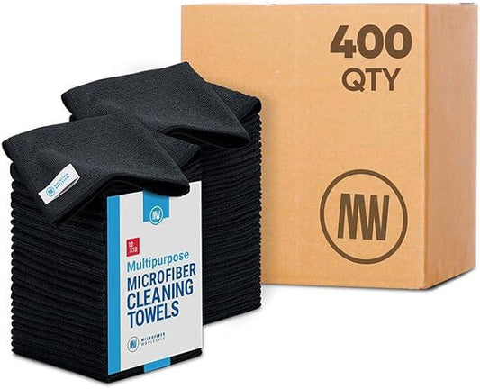 Bulk 12” X 12” All Purpose Microfiber Towels Wholesale - Case Quantity (400 Count) | No Fraying | High Density Microfiber | Zero Chemical Cleaner | Long-Lasting (Black) - NeatNest