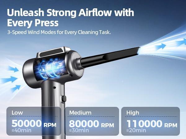 Compressed Air Duster, 110000RPM Ultra-Powerful Electric Air Duster with LED Light, 3-Speed Adjustable, Rechargeable Cordless Mini Blower for Computer, Keyboard, Car, PS5, Outdoor & Home Cleaning - NeatNest