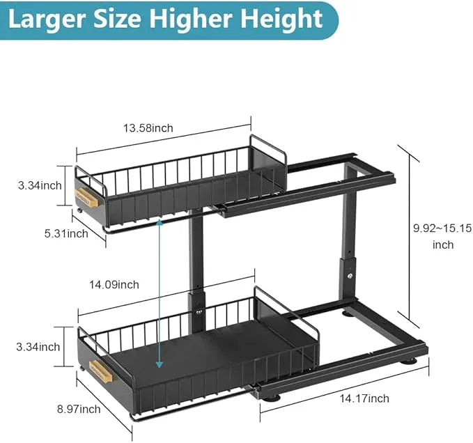 Under Sink Organizer Kitchen, 2 Tier Under Sink Organizers and Storage, Pull out Cabinet Organizer Shelf, Metal Drawer for Kitchen Bathroom Pantry Cabinet Closet Organization Rack, Black, 1 Pack - NeatNest