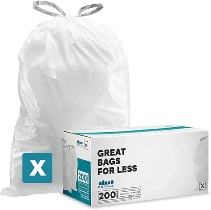 Plasticplace Custom Fit Trash Bags, Compatible with simplehuman Code X (200 Count) White Drawstring Garbage Liners 21 Gallon/ 80 Liter, 26" x 24.5" - NeatNest