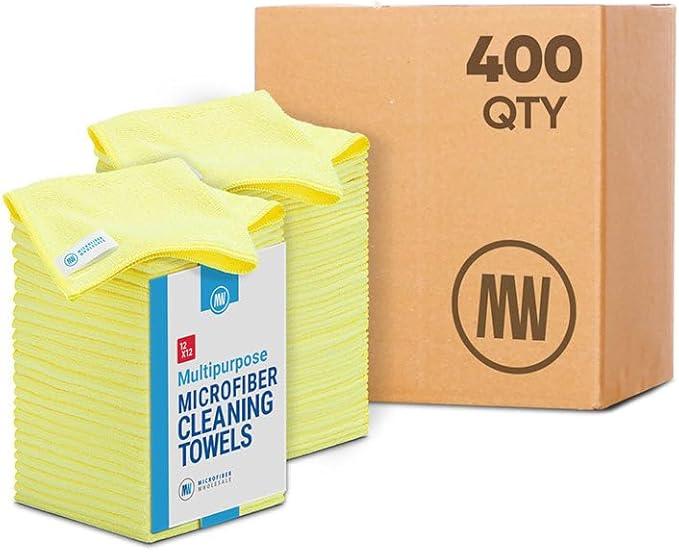 Microfiber Wholesale Bulk 12” X 12” All Purpose Towels Case Quantity (400 Count) | No Fraying | High Density Microfiber | Zero Chemical Cleaner | Long-Lasting (Yellow) - NeatNest