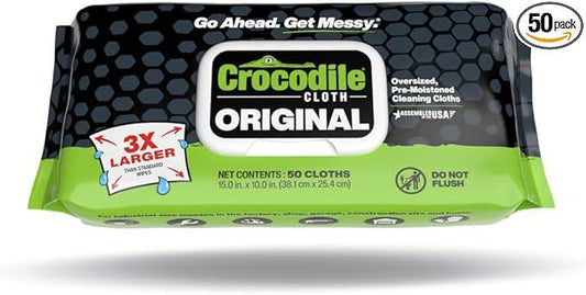 Crocodile Cloth Original Cleaning Wipes – 50 (15” x 10”) Hand & Tool Industrial Cleaning Wipes – Large Multi-Surface Cleaning Cloths, Water-Based Solution with Extreme Cleaning Power — Safe on Skin - NeatNest