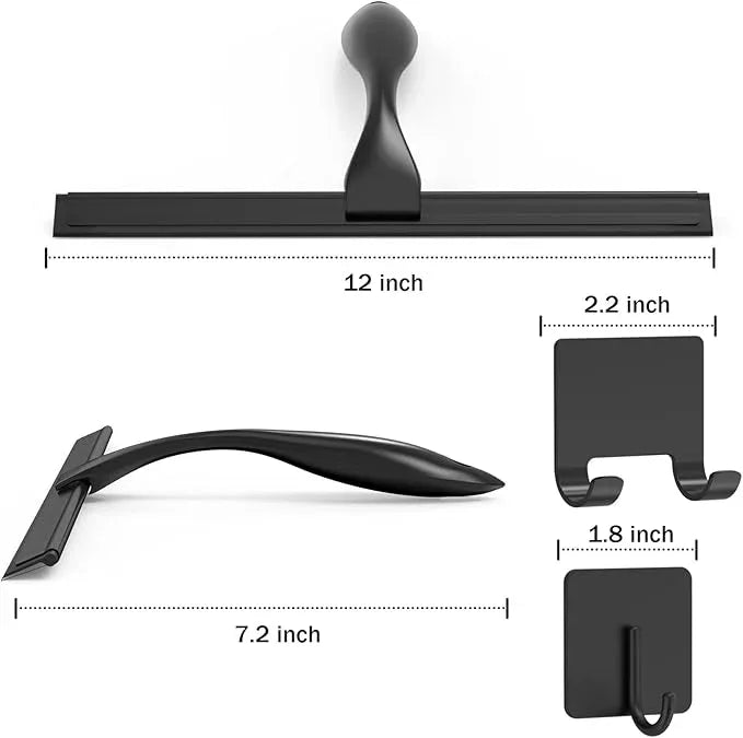 All-Purpose Stainless Steel Shower Squeegee for Shower Doors with 2 Adhesive Hooks, Bathroom Cleaner Tool Household Window Mirror Squeegee for Home Cleaning, Glass Door, Tile Wall, Car, 12 Inch Black - NeatNest
