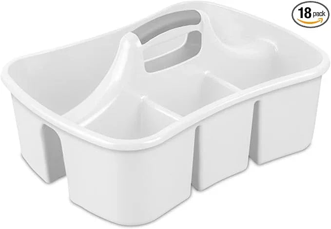 Sterilite Divided Ultra Caddy, Plastic, Portable Storage to Hold Bathroom and Cleaning Supplies, 5 Large Compartments and Handle, White, 18-Pack - NeatNest