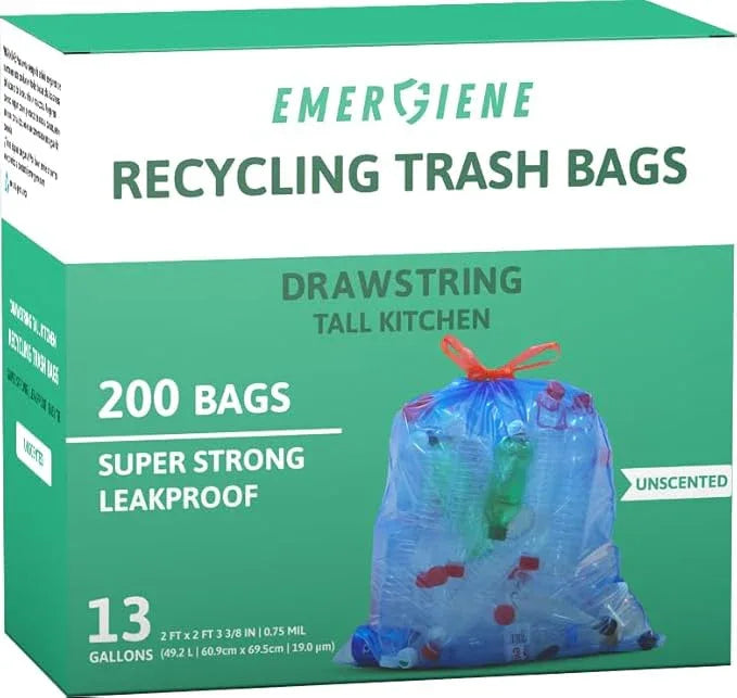 13 Gallon Recycling Trash Bags, 200 Count Drawstring Tall Kitchen Garbage Bags, Pre-Separated, Unscented, Ultra Strong, Leakproof, Sturdy, Translucent Blue - NeatNest