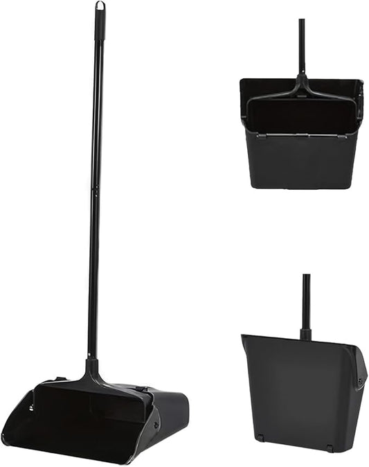 Primero Basics Pivoting Upright Dust Pan with Long Handle and Wheels, Large Capacity, Heavy Duty Commercial Dustpan for Indoor Outdoor, Standing Dust Pan for Home and Restaurant Cleaning, Black