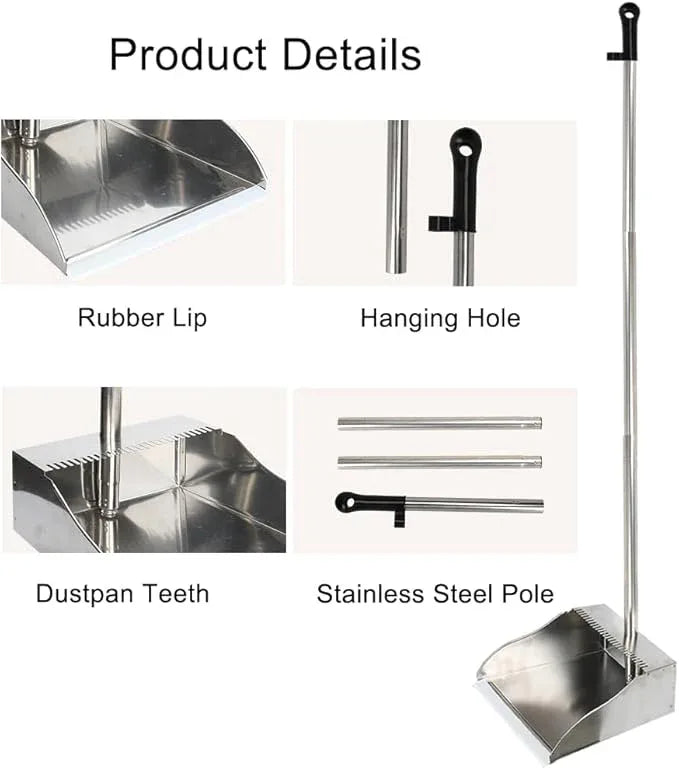 Metal Dustpan Long Handle Stainless Steel Dustpan,Heavy Duty Standing Dust Pan with Teeth, Indoor Outdoor Up for Home Kitchen Lobby Room Office - NeatNest