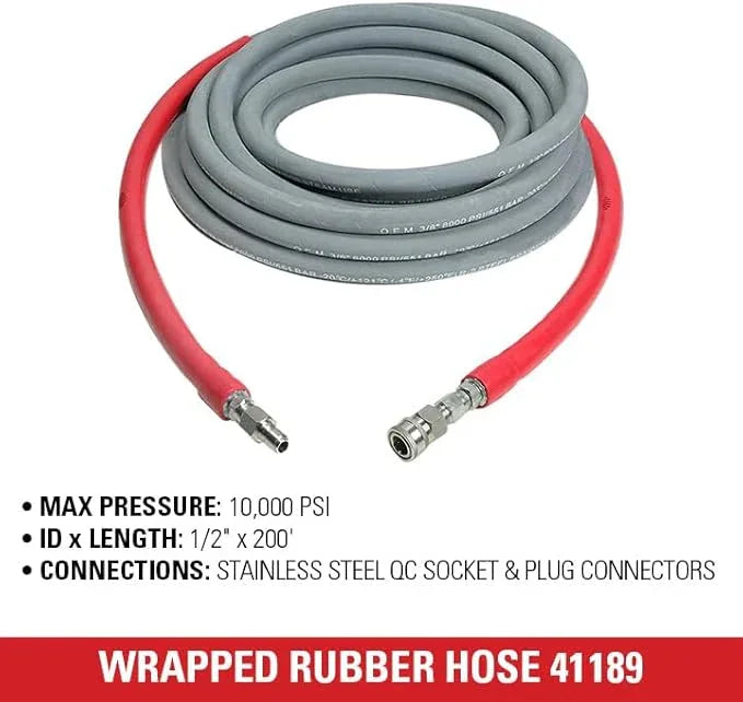 Simpson Cleaning 41189 Wrapped Rubber 10,000 PSI Pressure Washer Hose, Hot and Cold-Water Use, Industrial Strength, 3/8 Inch Inner Diameter, 200 Feet, Gray - NeatNest