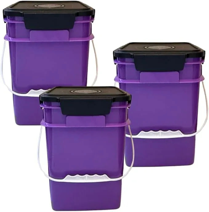 House Naturals 4 Gallon Square Food Grade Bucket Pail with Plastic Handles and Lid (Pack of 3) Made in USA containers (Purple - Black lids) - NeatNest