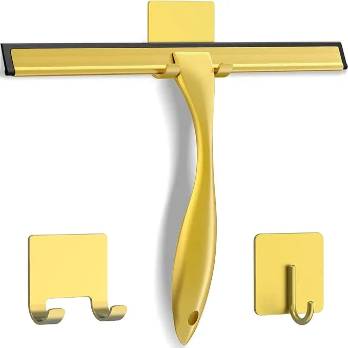 All-Purpose Stainless Steel Shower Squeegee for Shower Doors with 2 Adhesive Hooks, Bathroom Cleaner Tool Household Window Mirror Squeegee for Home Cleaning, Glass Door, Tile Wall, Car, 12 Inch Golden - NeatNest