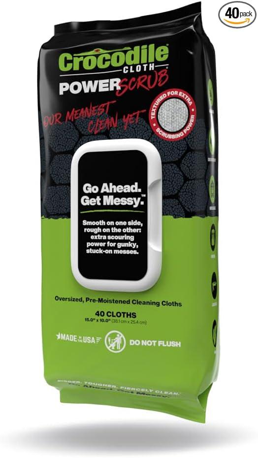 Crocodile Cloth PowerSCRUB - 40 (15" x 10") Heavy Duty Cleaning Wipes - Dual-Surface Cloths, Moist, Absorbent, & Disposable - Safe on Skin & Multiple Surfaces - NeatNest