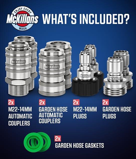 McKillans® 2025 Automatic M22-14mm Pressure Washer Quick Connect Kit - M22 to 3/8 Quick Connect Pressure Washer Fittings - Power Washer Accessories - Hose Adapter Set - 8-Piece Kit (Stainless Steel) - NeatNest