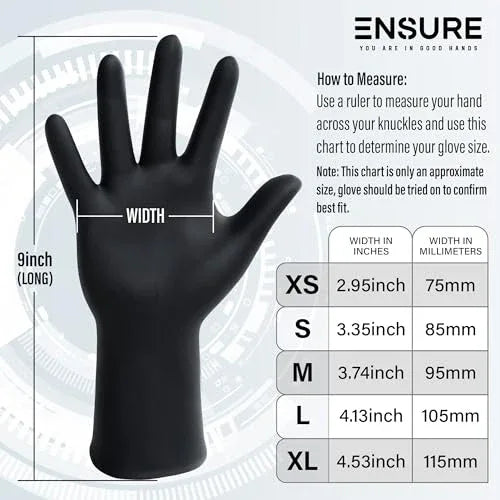 Ensure Black Nitrile Gloves Low Dermatitis 7 Mil, Heavy Duty, Puncture & Chemical Resistant, Disposable, Latex-Free, for Automotive, Industrial, Mechanic, Food Service, Exam Gloves (1000, Large) - NeatNest