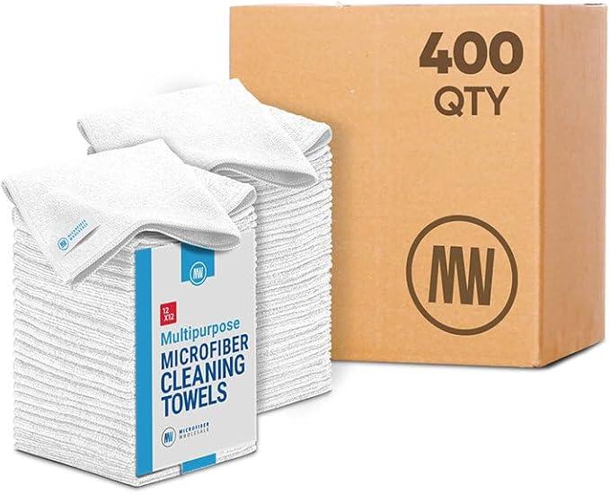 Microfiber Wholesale Bulk 12” X 12” All Purpose Towels Case Quantity (400 Count) | No Fraying | High Density Microfiber | Zero Chemical Cleaner | Long-Lasting (White) - NeatNest
