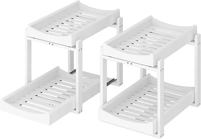 Bamboo Under Sink Organizer and Storage, 2 Pack Pull Out Cabinet Organization, 2 Tier Vertical Slide Out Undersink Storage Shelf, Multi-Purpose Organizer Shelves for Kitchen Bathroom Medicine, White - NeatNest