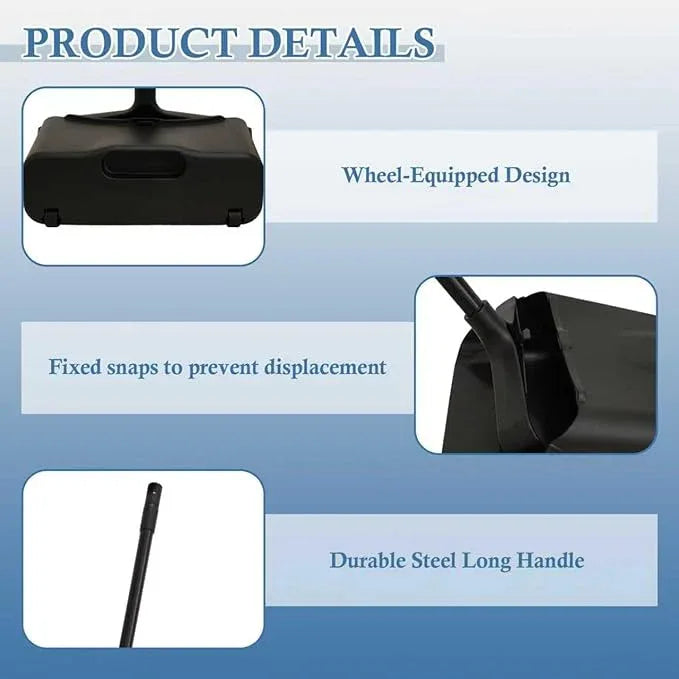 Primero Basics Broom and Dustpan Set with Long Handle and Wheels, Upright Standing Heavy Duty Large Dust Pan and Broom Combo for Indoor Outdoor, Kitchen, Garage, Restaurant Cleaning – Black - NeatNest
