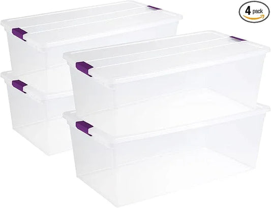 Sterilite 4-Pack 110 Quart ClearView Latch Box, Stackable Organizer Bins with Latching Lids - Clear Plastic Organization Containers for Closet, Bedroom, Shelving Units and Everyday Home Storage - NeatNest