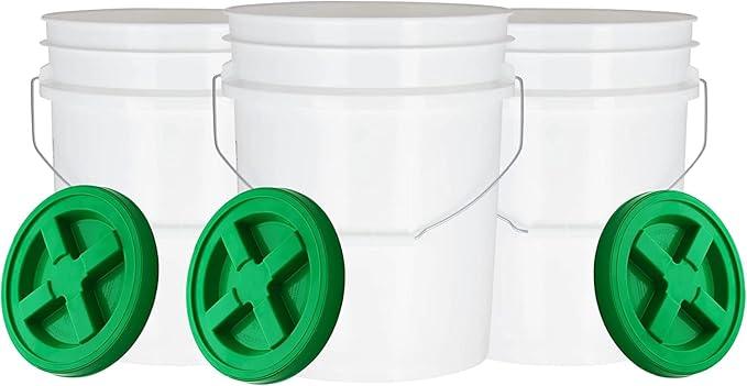House Naturals 5 Gallon Made in USA Pail Food Grade Plastic Bucket with Screw on Air Tight Double Gasket Lid, (Pack of 3) (White Buckets -Green Lids) - NeatNest