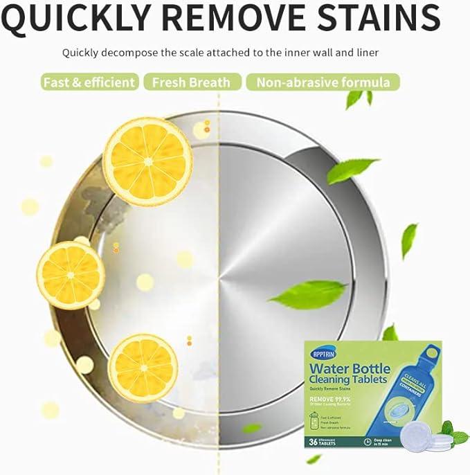 Water Bottle Cleaning Tablets, Bottle Clean Tablet for Hydration Bladders, Stainless Steel, Tumblers, and Glass Bottles, 36 count (Pack of 1), Mint - NeatNest