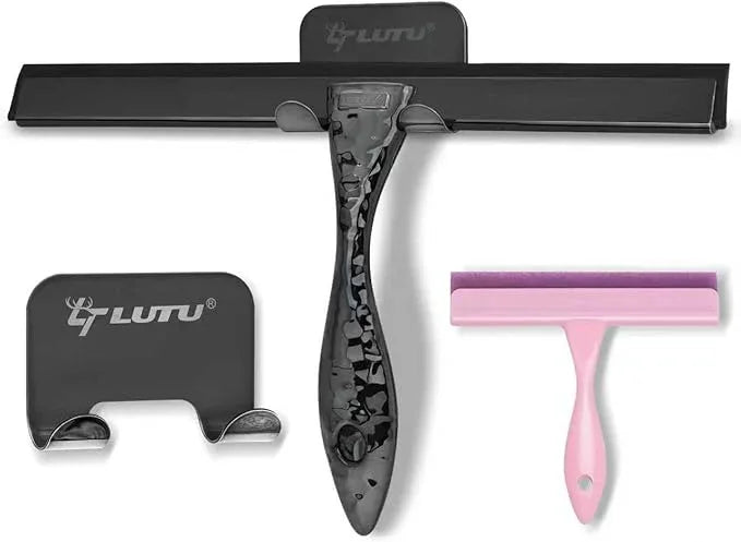 All-Purpose Silicone Shower Squeegee for Shower Glass Door,with 2 Hooks & Pink Mini Squeegee,for Bathroom Glass, Car, Tile Wall, Mirror Cleaning - Easy-Grip Handle 14 Inch Black - NeatNest