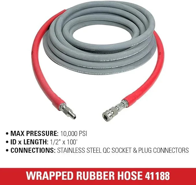 Simpson Cleaning 41188 Wrapped Rubber 10,000 PSI Pressure Washer Hose, Hot and Cold-Water Use, Industrial Strength, 3/8 Inch Inner Diameter, 100 Feet, Gray - NeatNest